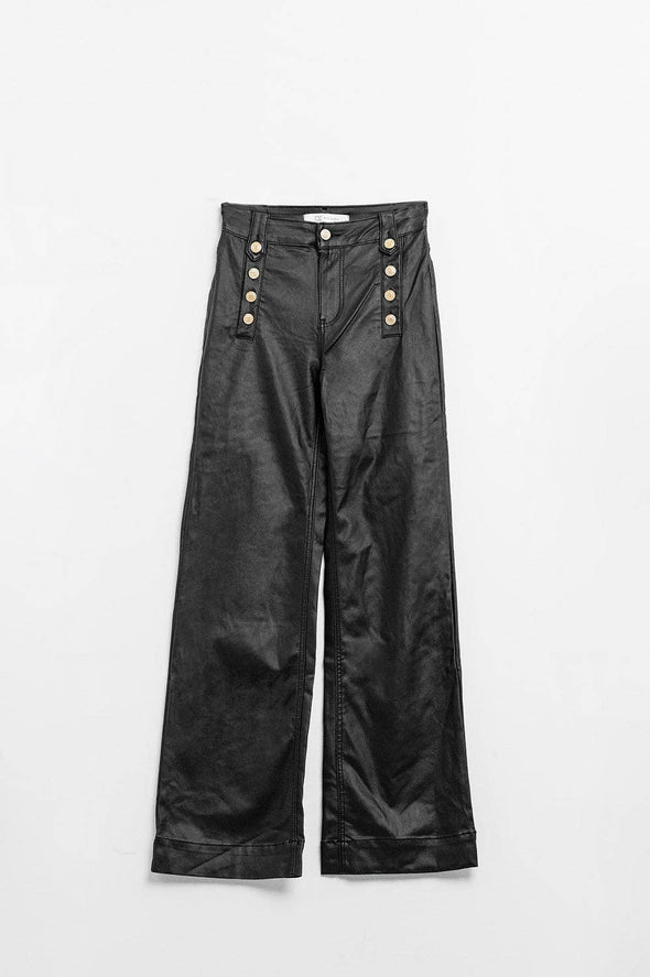 Black Faux Leather Trousers With Button Detail