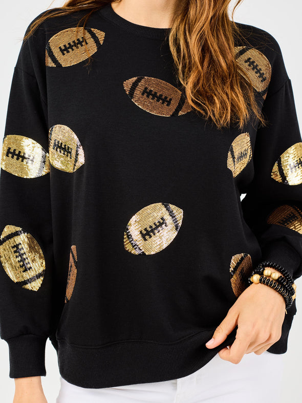 Sarah Sequin Footballs Sweatshirt In Black (XS-2X)