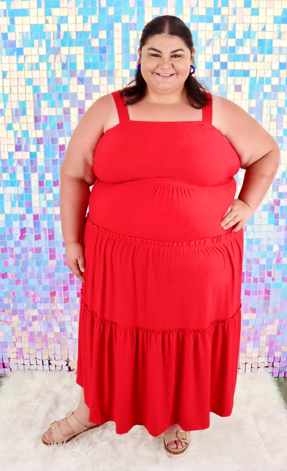 CURVY Smocked Tiered Midi Dress In Deep Sky Or Ruby