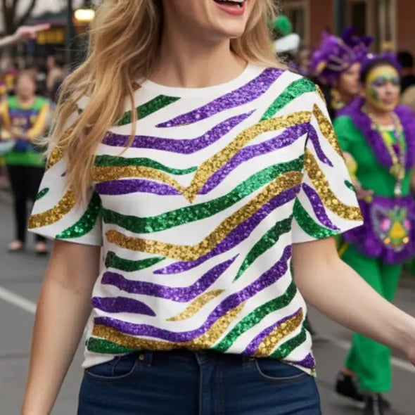Mardi Gras Sequin Tiger Stripe Shirt in 2 Colors (XS-XXL)