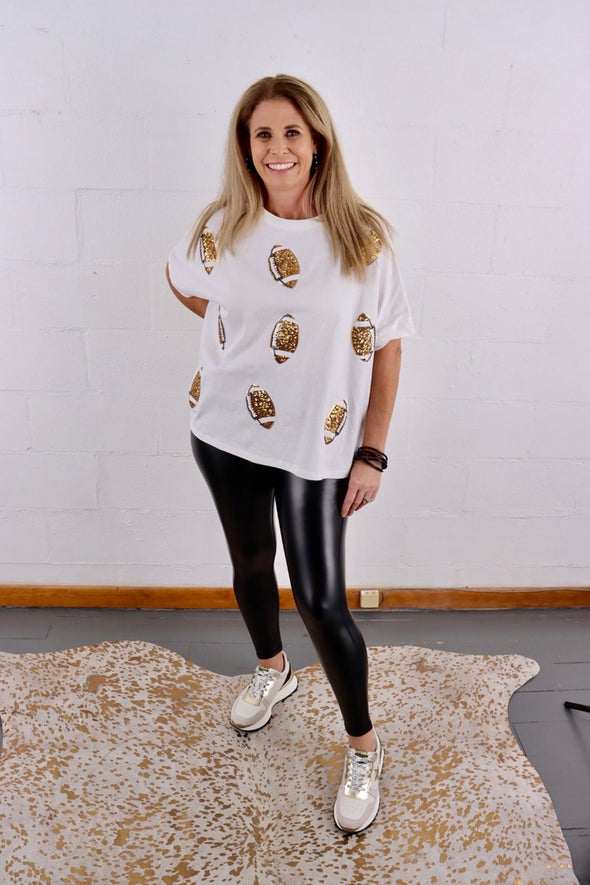 Game Day Sequin Gold Footballs T-Shirt In White Or Black