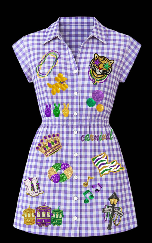 Mardi Gras Gingham Sequin Patch Dress