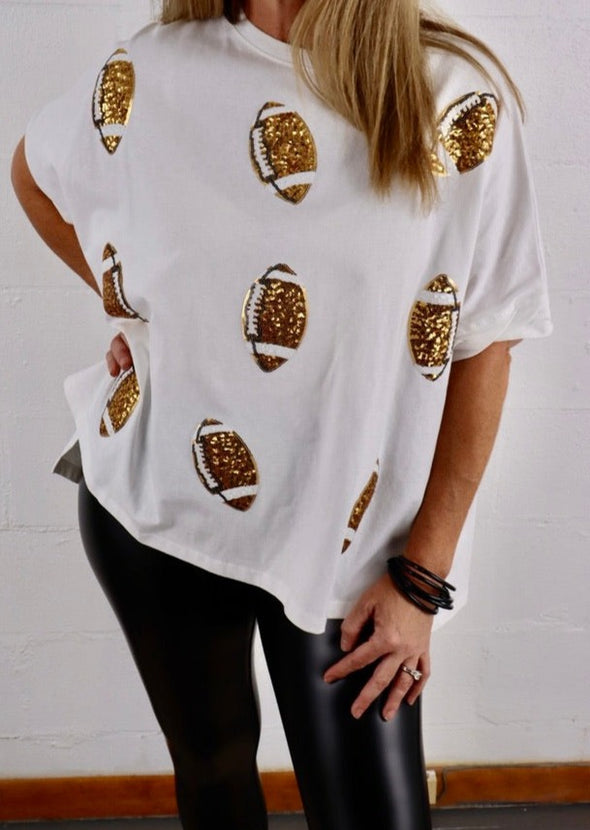Game Day Sequin Gold Footballs T-Shirt In White Or Black
