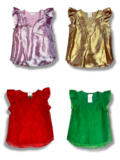 Organza Ruffle Sleeve V Neck Top in 4 Colors