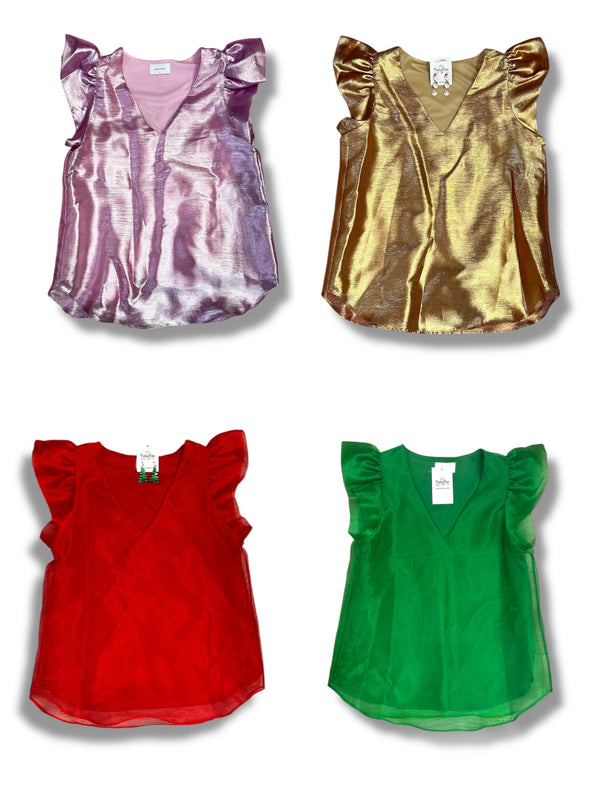 Organza Ruffle Sleeve V Neck Top in 4 Colors