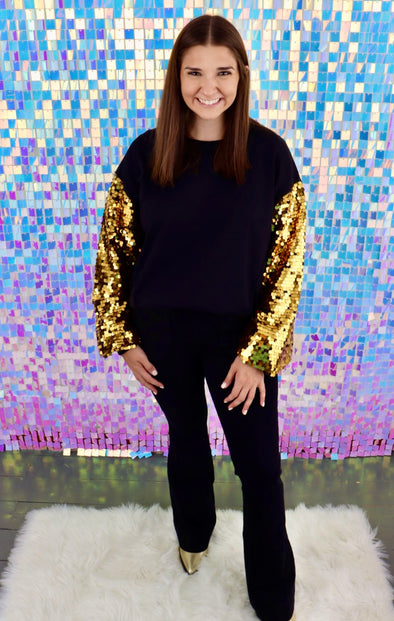 French Terry Long Sleeve Top with Gold Sequins