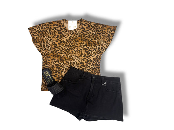 Animal Print Flared Short Sleeve Scuba Top