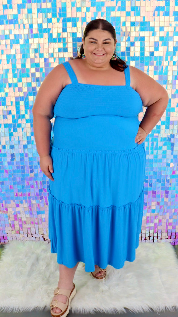 CURVY Smocked Tiered Midi Dress In Deep Sky Or Ruby