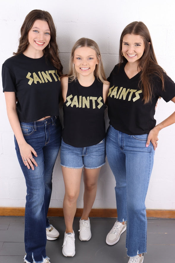 Saints Gold Glitter Black Crop Top