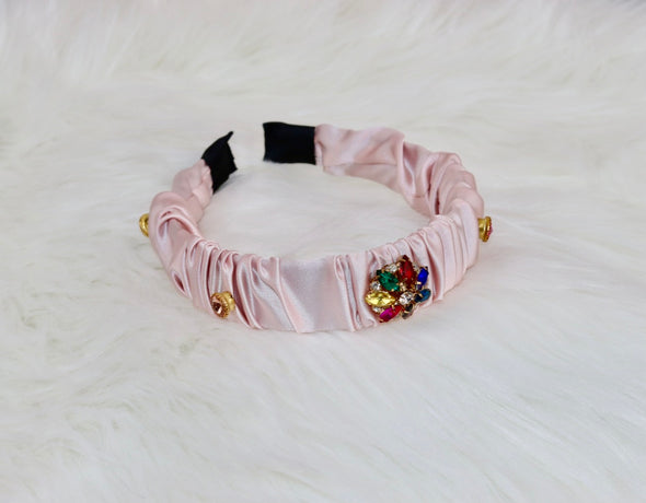 Ruched Satin Jeweled Headband In Black Pink Or Navy