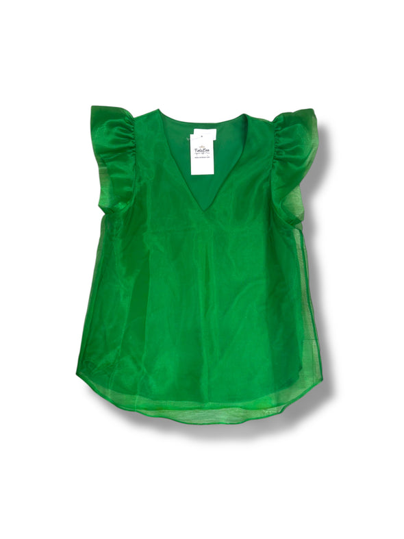 Organza Ruffle Sleeve V Neck Top in 4 Colors