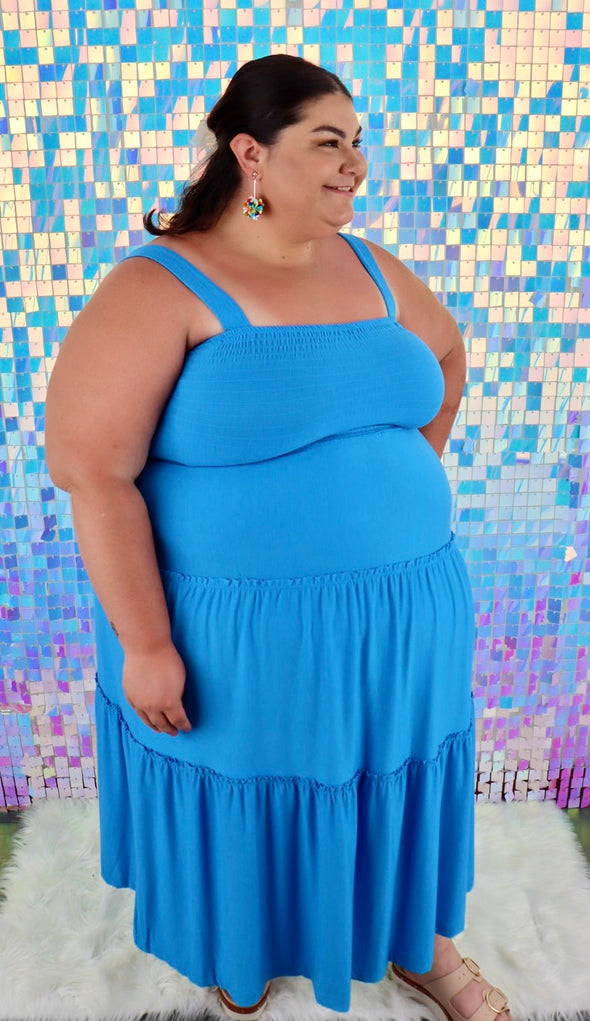 CURVY Smocked Tiered Midi Dress In Deep Sky Or Ruby