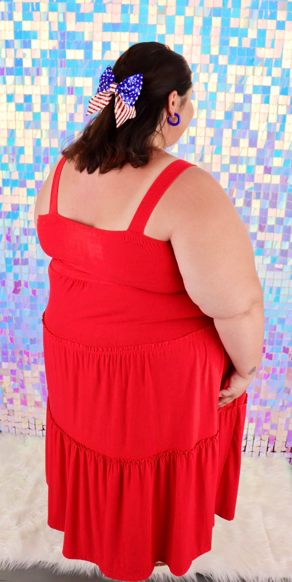 CURVY Smocked Tiered Midi Dress In Deep Sky Or Ruby