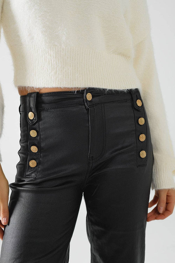 Black Faux Leather Trousers With Button Detail