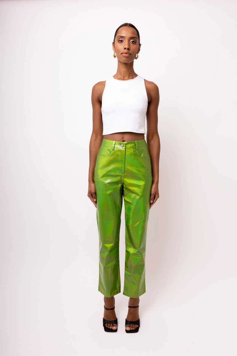Green Metallic Mid Rise Straight Faux Leather Trousers – NOLA BOO