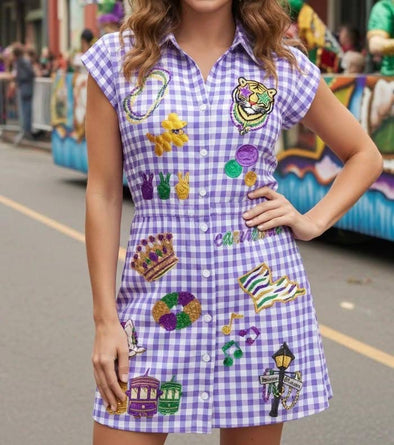 Mardi Gras Gingham Sequin Patch Dress