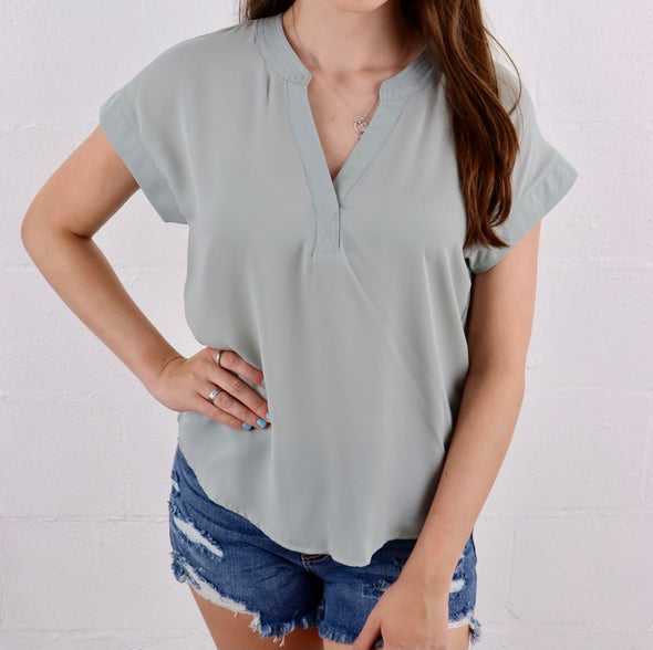 Short Sleeve Banded Collar Pullover Blouse