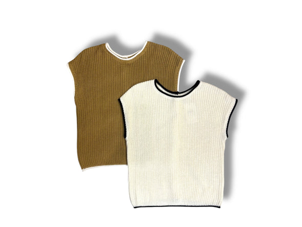 Contrast Trim Sweater Knit Top With Back Buttons in 2 Colors