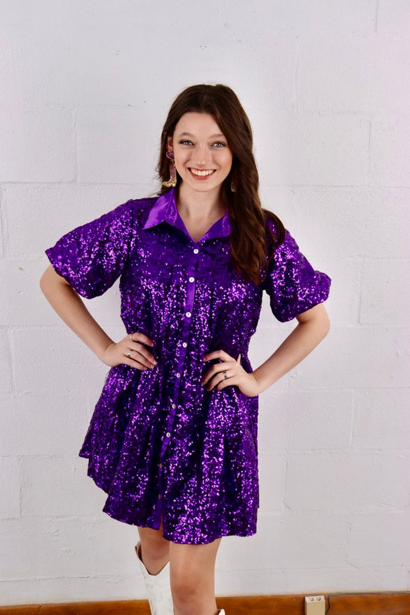 Sequins Dress With Collar In Purple Or Gold