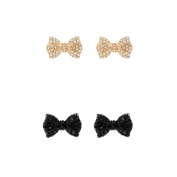 Rhinestone Bow Stud Earrings in Gold and Black