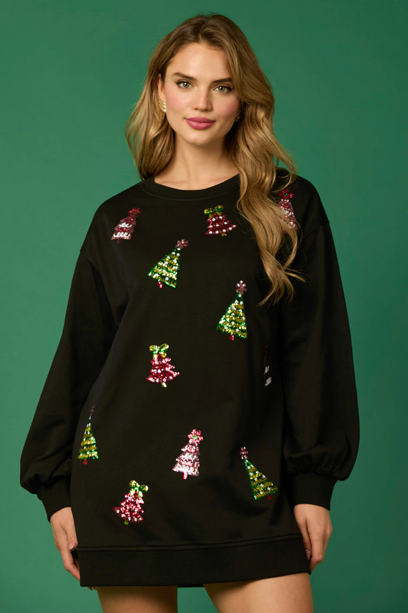 Black Long Sleeve Dress with Sequin Trees