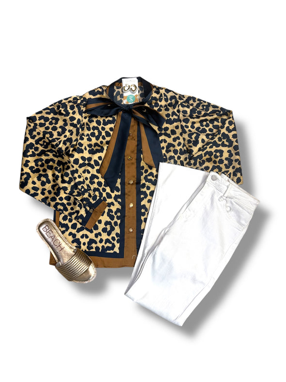 Leopard Print Button Down Blouse With Neck Tie