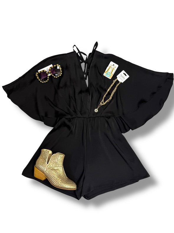 Washed Satin V Neck Pleated Front Romper