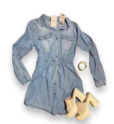Chambray Shirt Dress With Tie Belt