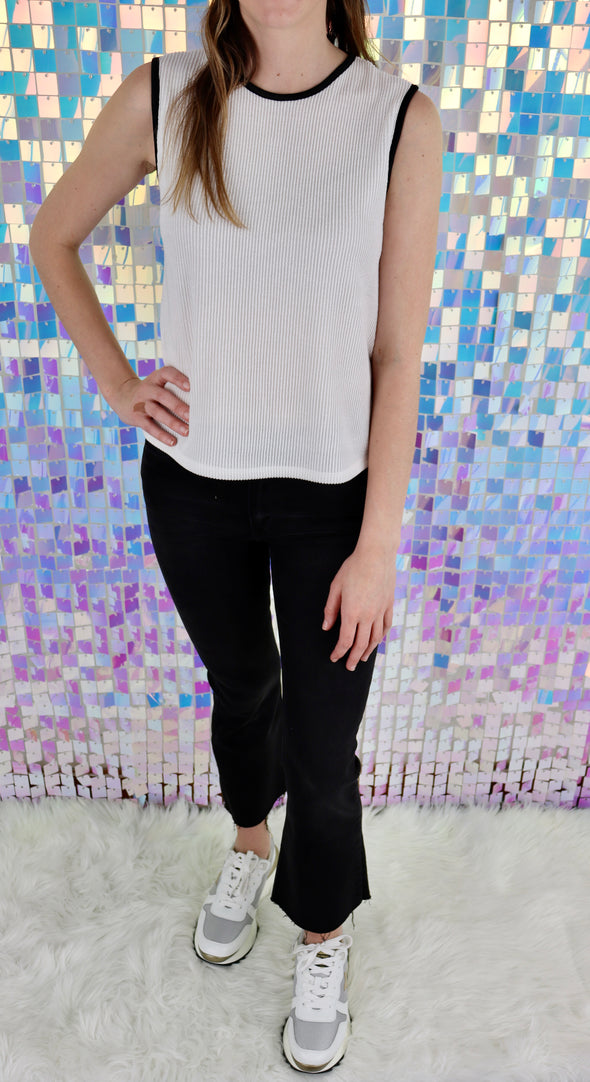 White Ribbed Tank With Black Piping Detail