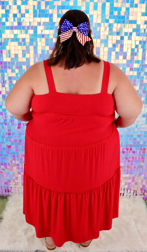 CURVY Smocked Tiered Midi Dress In Deep Sky Or Ruby