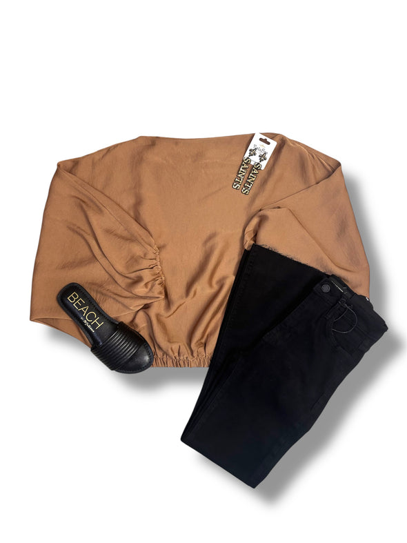 Long Sleeve Satin Boat Neck Blouson Top