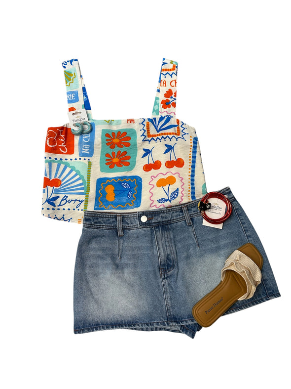 Mid Rise Denim Mini Skort