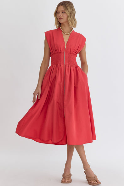 Solid V Neck Sleeveless Midi Dress With Dual Front Zipper