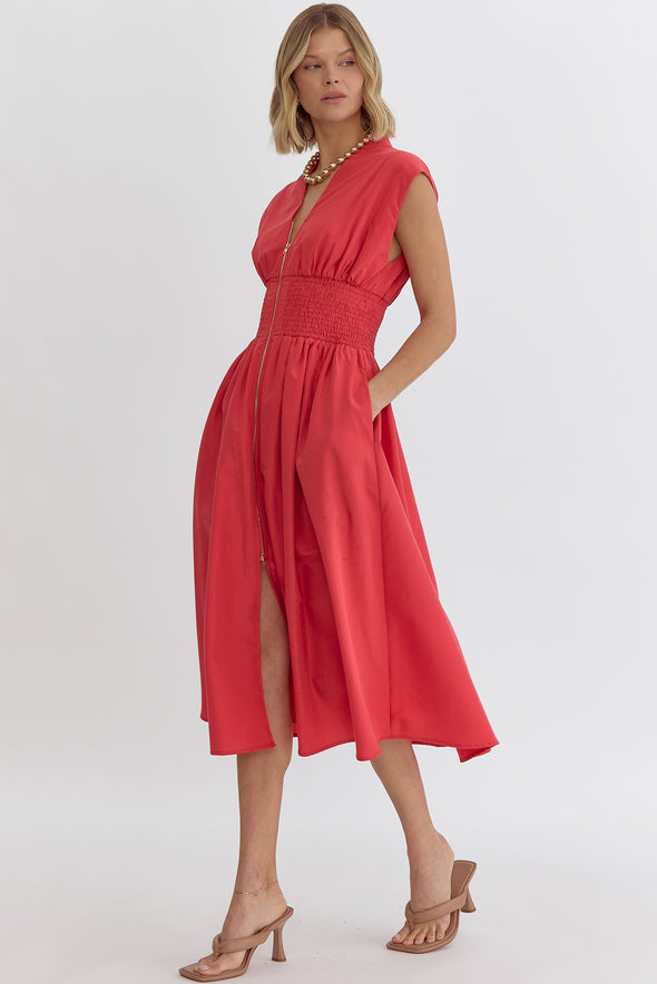 Solid V Neck Sleeveless Midi Dress With Dual Front Zipper