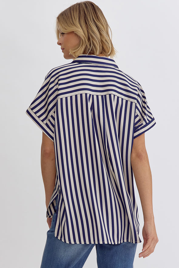Striped Collared Button Up Short Sleeve Top