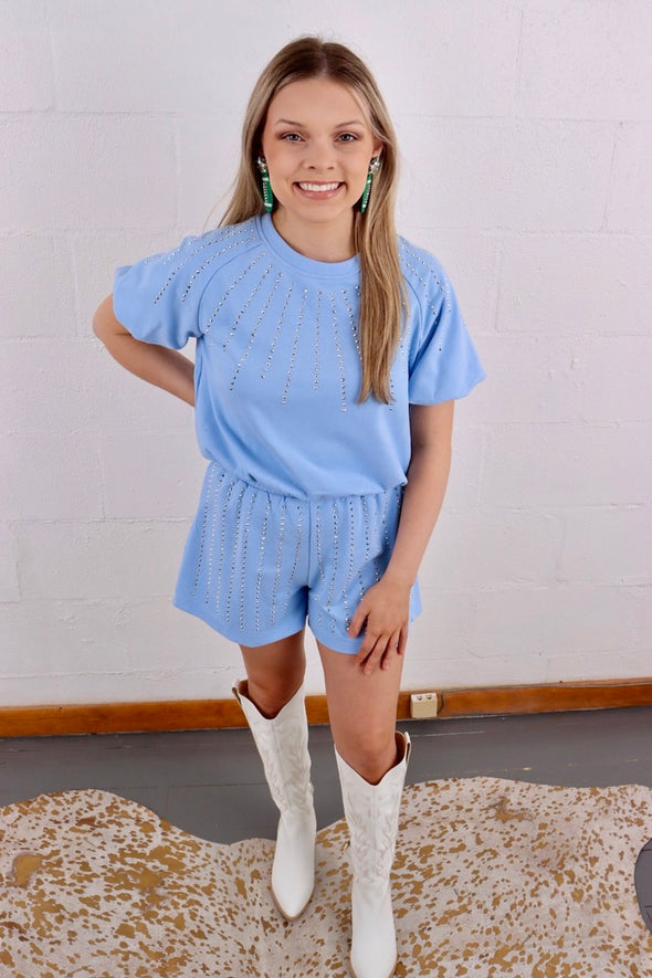 French Terry Studded Gem Crop Top And Shorts Set In Kelly Green Or Powder Blue