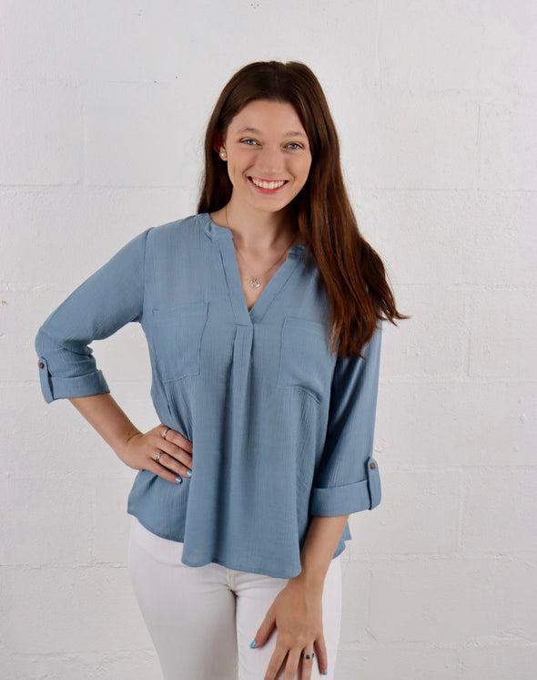 3/4 Sleeve V Neck Pullover Blouse With Back Buttons