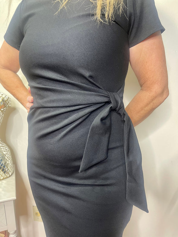 Short Sleeve Bias Cut Side Tie Midi Dress