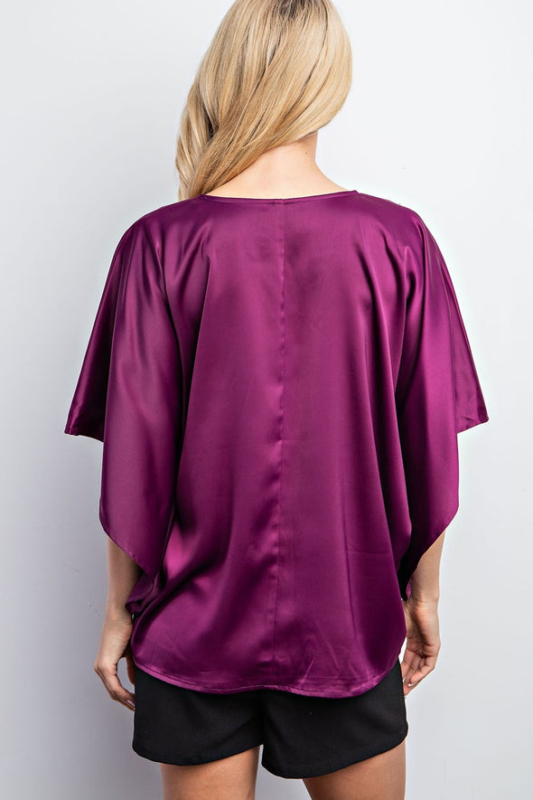 Satin V Neck Kimono Sleeve Top In Black Camel Or Purple