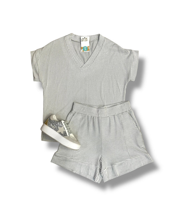 V Neck Striped Top And Shorts Set