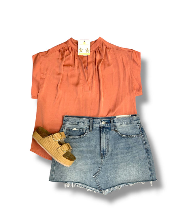 Washed Satin V Neck Pullover Blouse