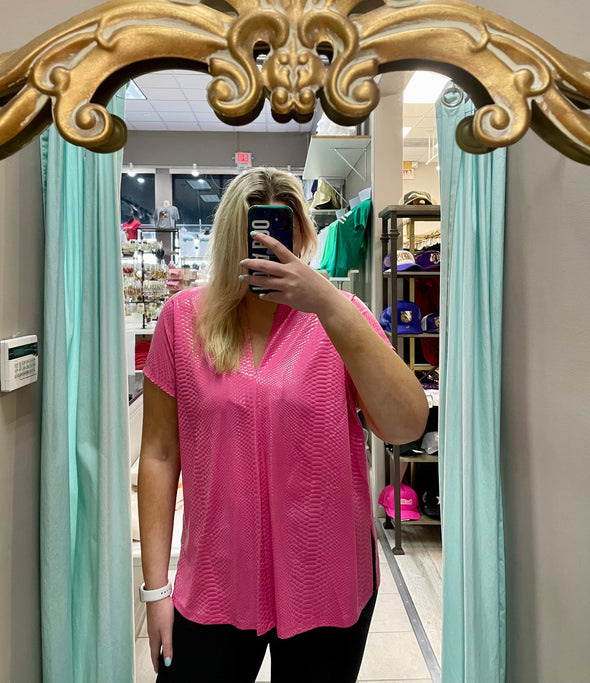 Mamba Clean V Neck Top With Side Slits In Green And Barbie Pink