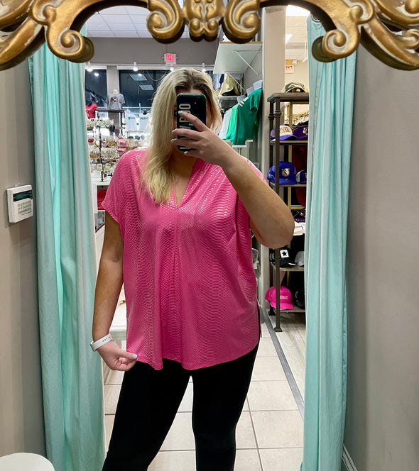 Mamba Clean V Neck Top With Side Slits In Green And Barbie Pink