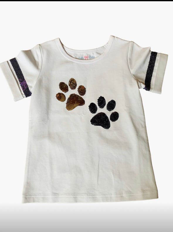 Youth Purple And Gold Sequin Paw Tee