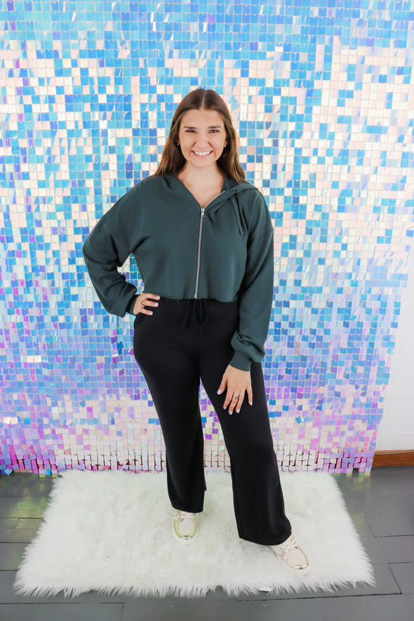 Green French Terry Cropped Zip Up Hoodie