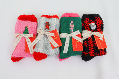 Embroidered Christmas Themed Fuzzy Socks In 4 Designs