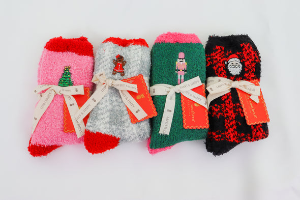 Embroidered Christmas Themed Fuzzy Socks In 4 Designs