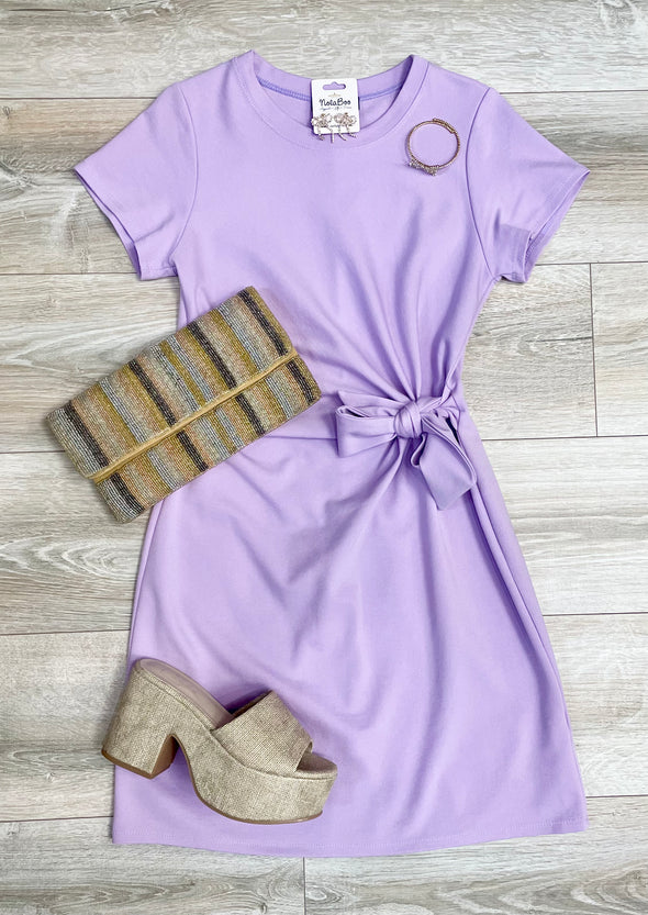 Lavender Short Sleeve Bias Cut Side Tie Dress