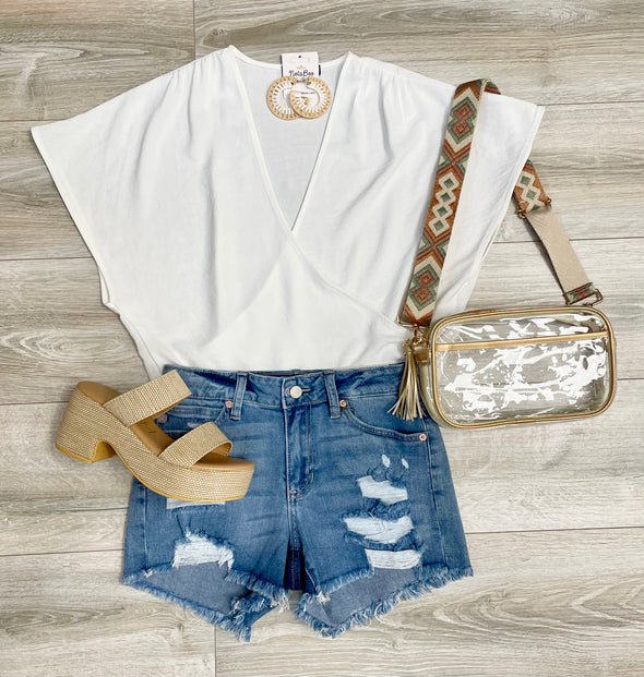 Short Sleeve Surplice Top in Pink or White