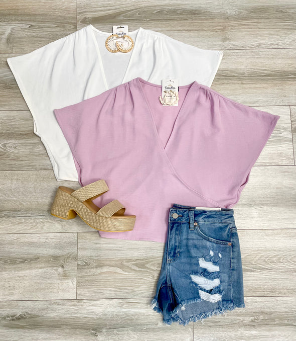Short Sleeve Surplice Top in Pink or White